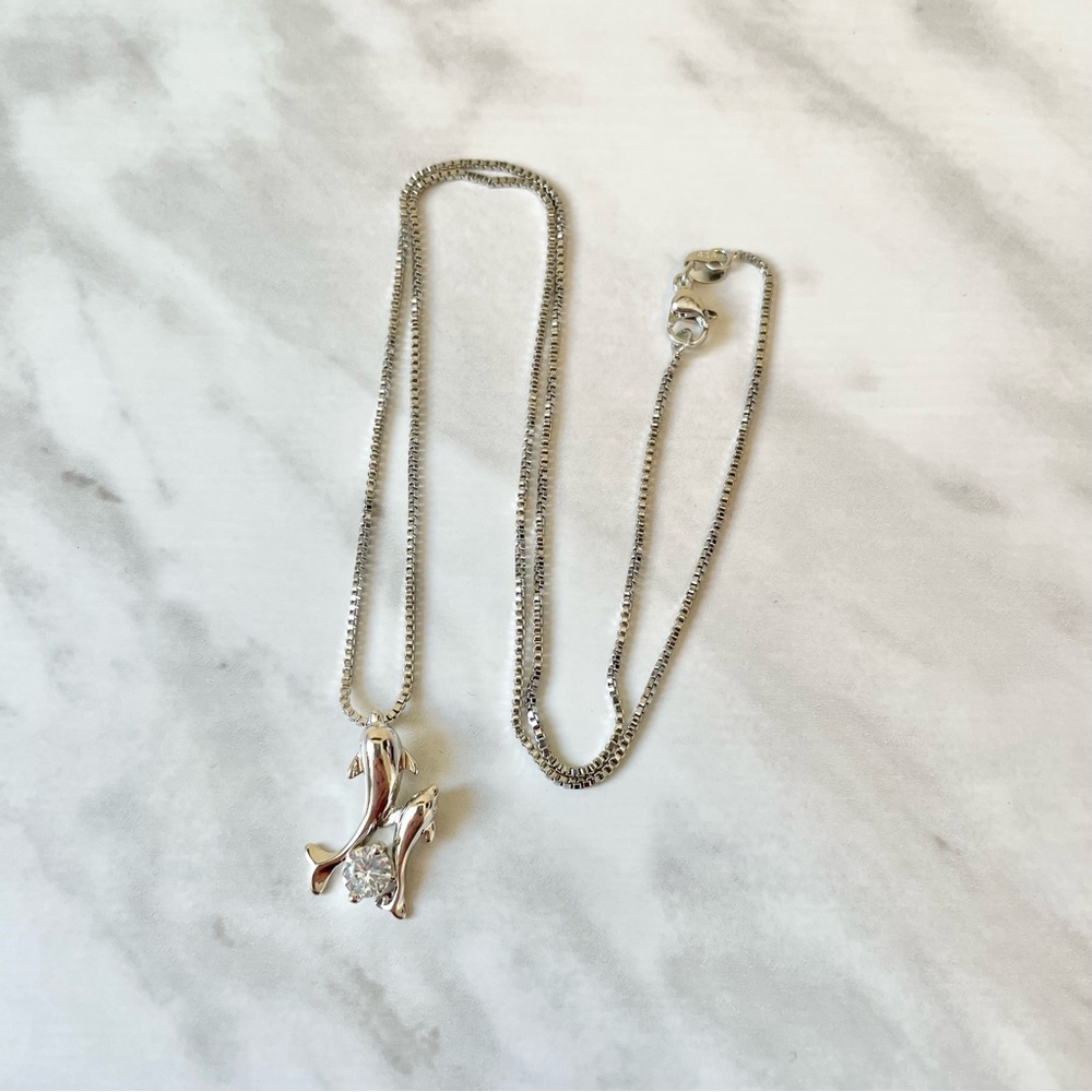 New Sterling Silver 925 crystal dolphin pair necklace